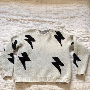 Ivory Sweater with Black Lightning Bolt Pattern